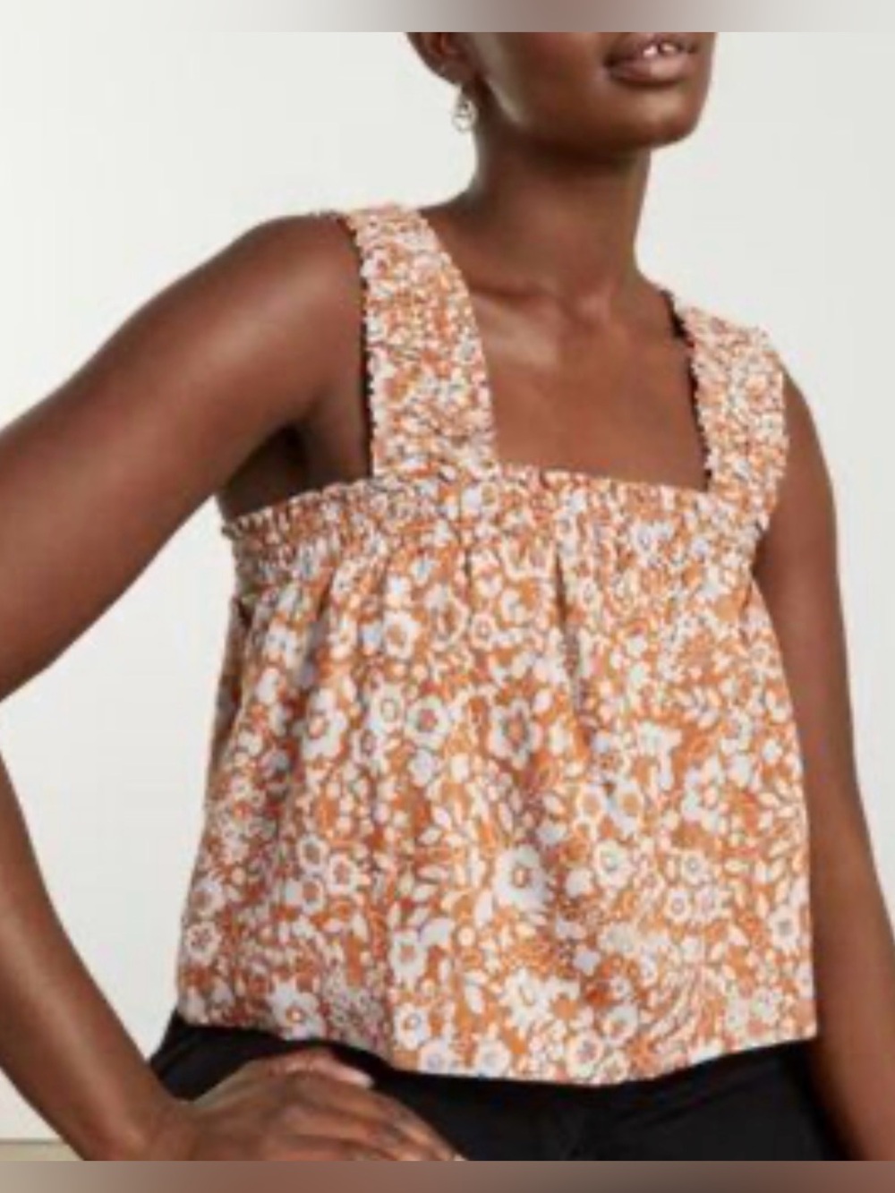 Everlane Floral Ruffle Strap Tank Top — Rust & White